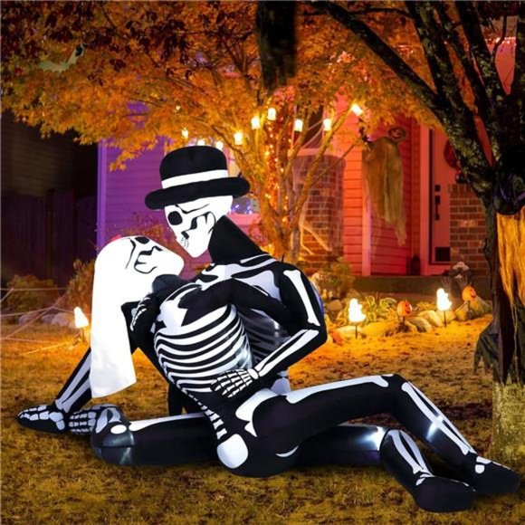 8.5 FT Halloween Inflatables Cuddling Skeleton Couple Lovers with LED Lights